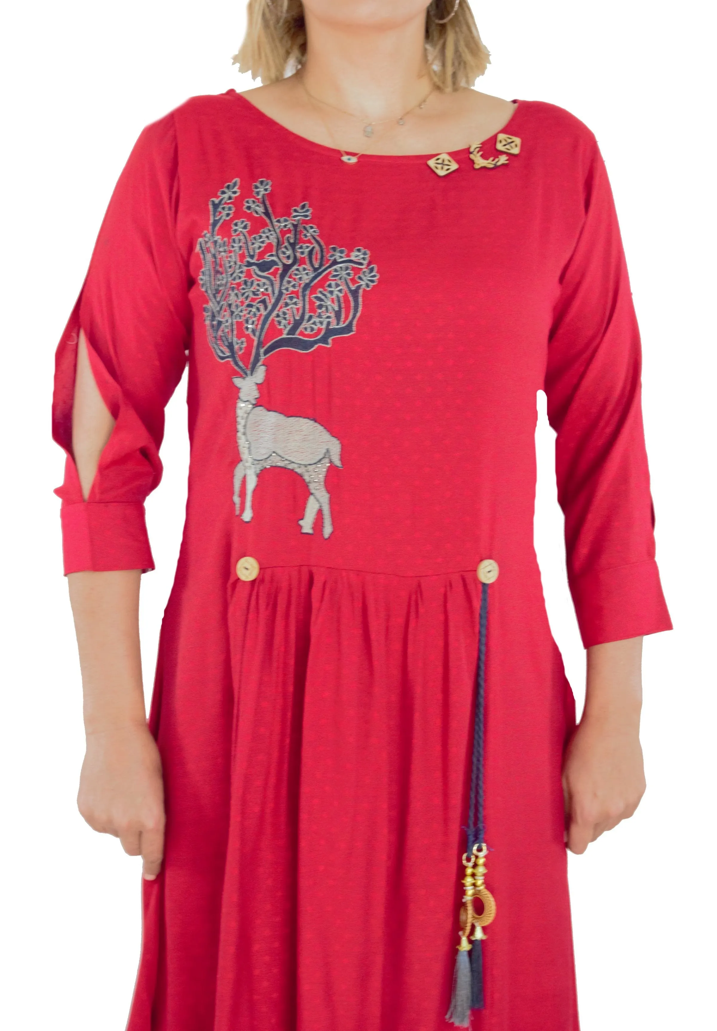 Red Color Kurti with Grey Color Printed Palazzo