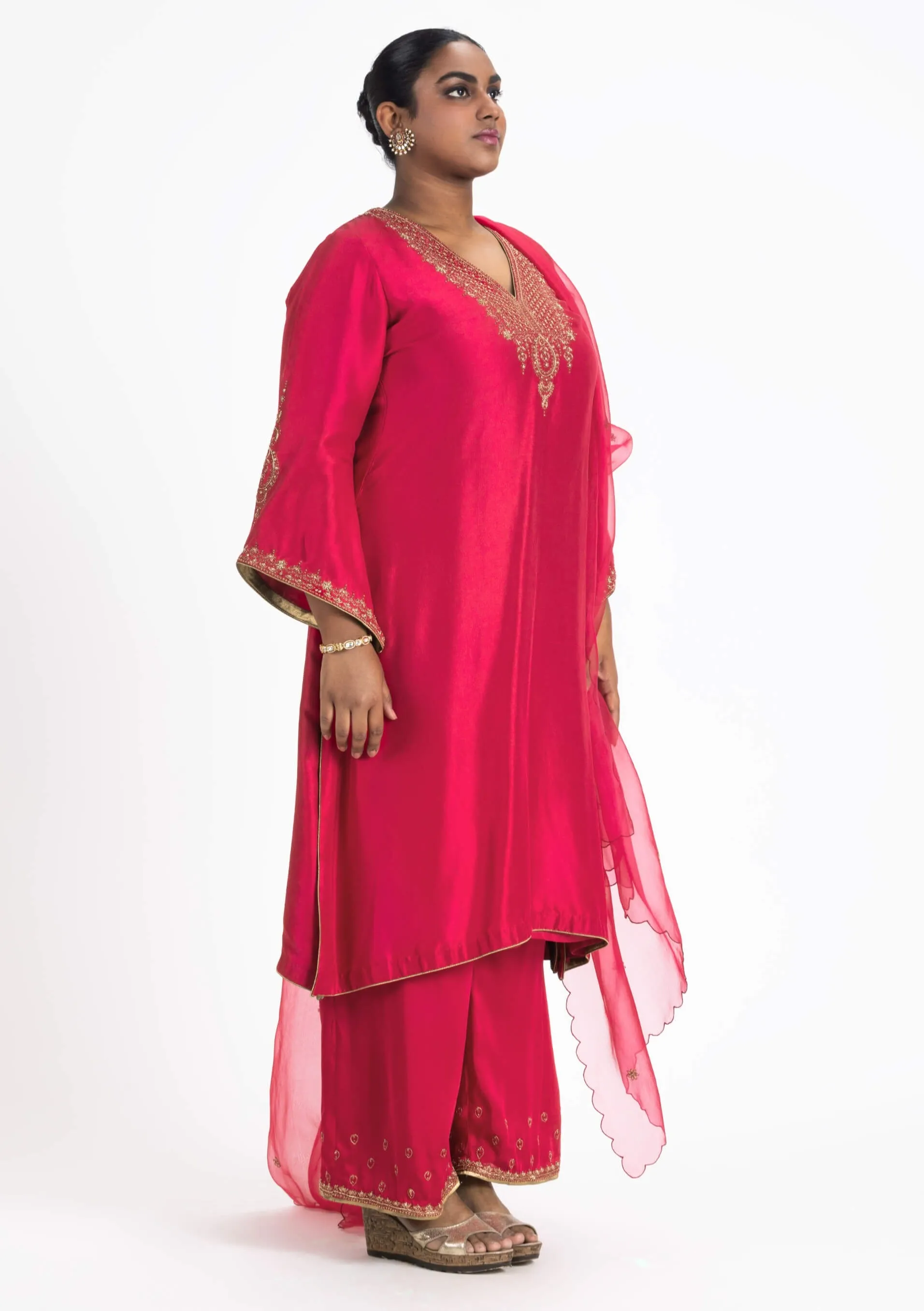 Red dupion kurta and palazzo set