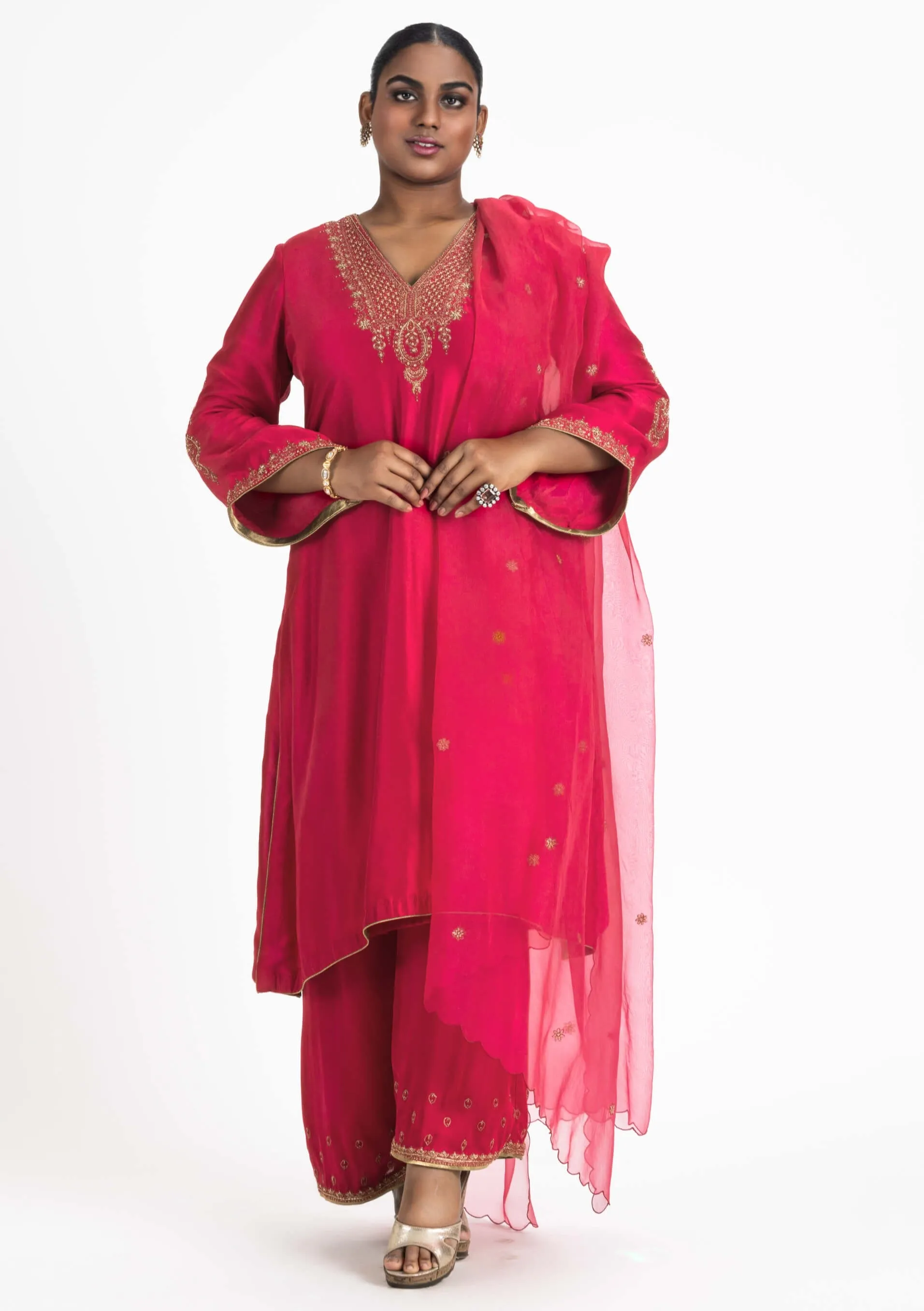 Red dupion kurta and palazzo set