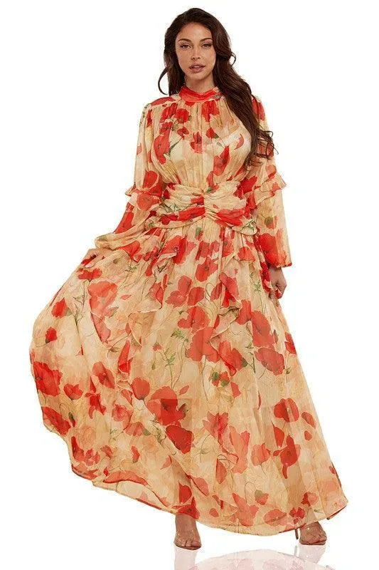 Red Floral in Beige Elegantly Styled Maxi DRESS