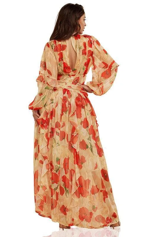 Red Floral in Beige Elegantly Styled Maxi DRESS