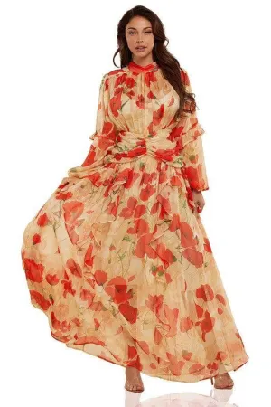Red Floral in Beige Elegantly Styled Maxi DRESS