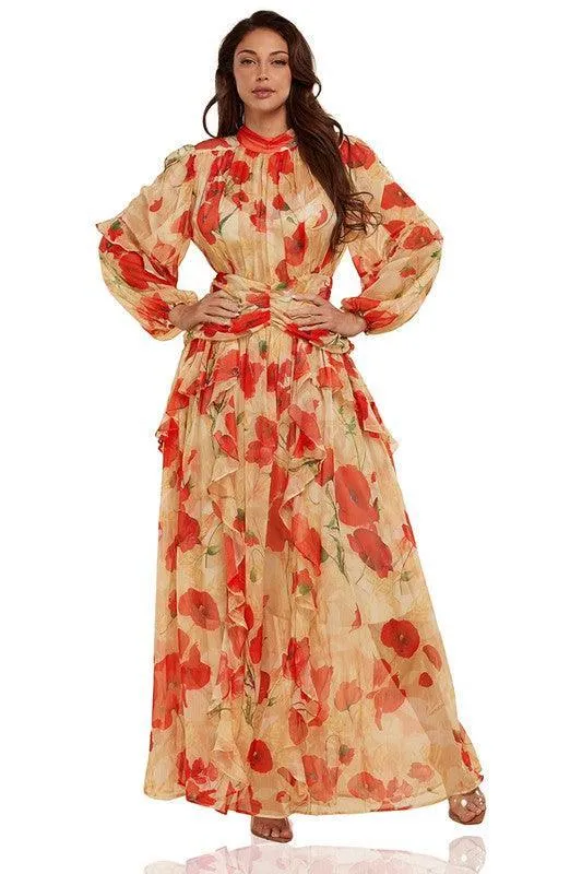 Red Floral in Beige Elegantly Styled Maxi DRESS