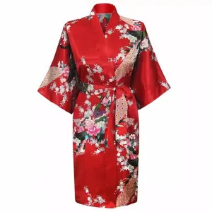 Red Floral Satin Kimono