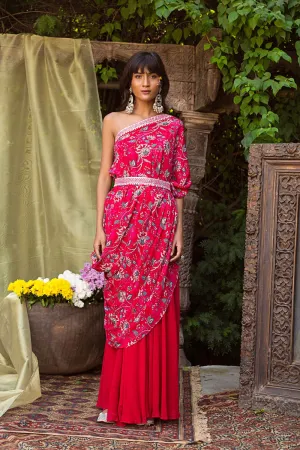 Red One Shoulder Cowl Top With Belt And Palazzo