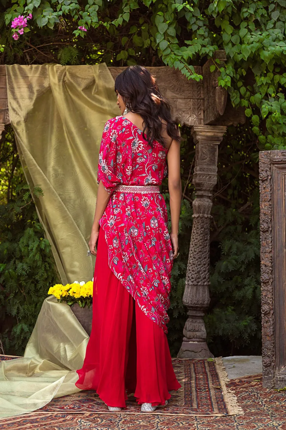 Red One Shoulder Cowl Top With Belt And Palazzo