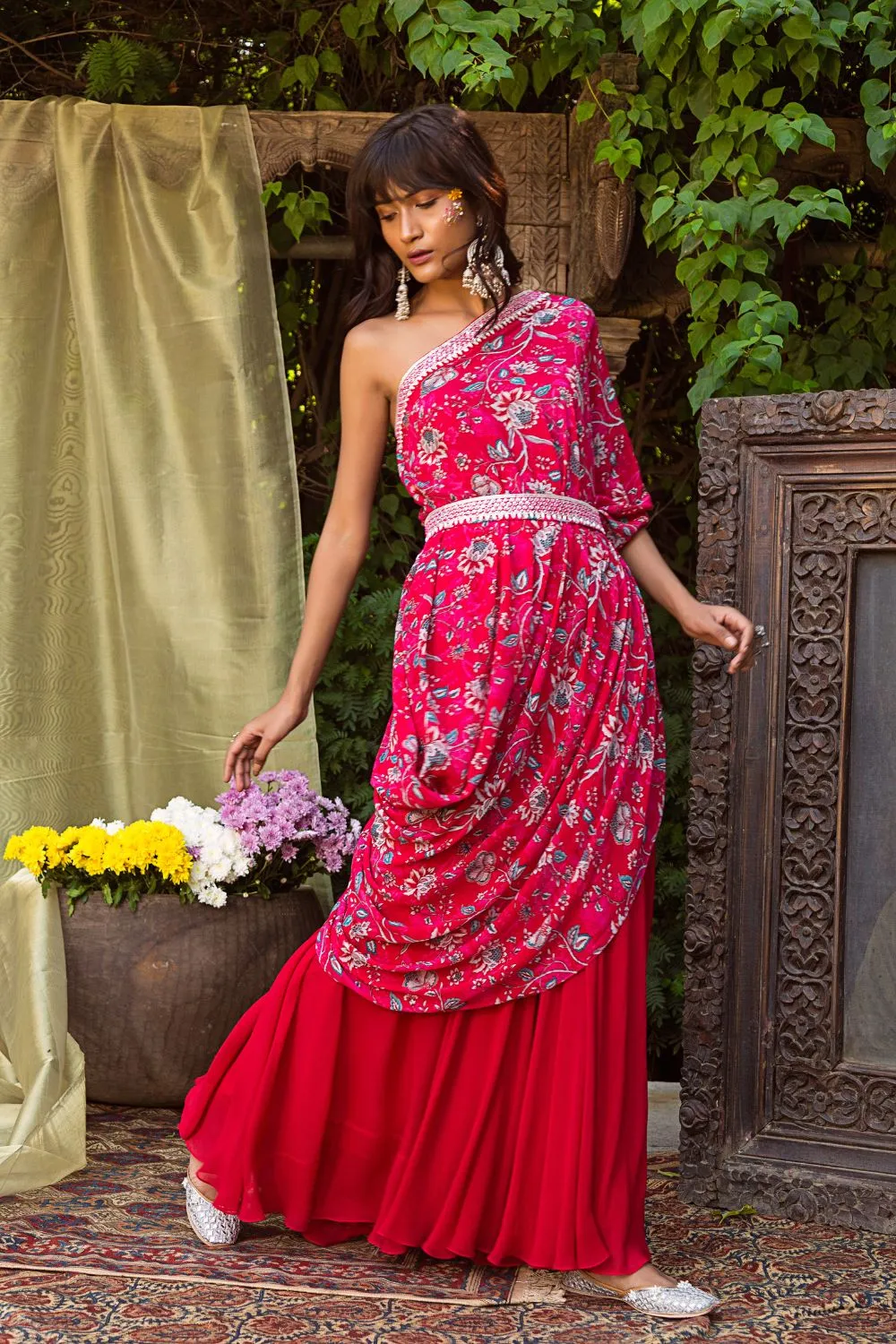 Red One Shoulder Cowl Top With Belt And Palazzo
