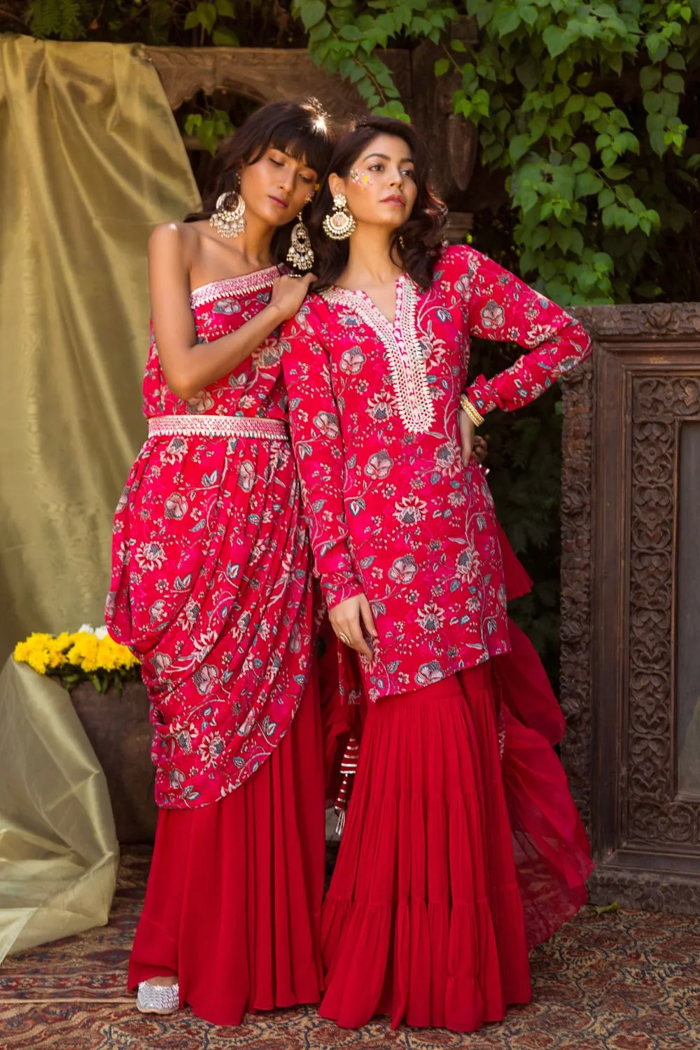 Red One Shoulder Cowl Top With Belt And Palazzo