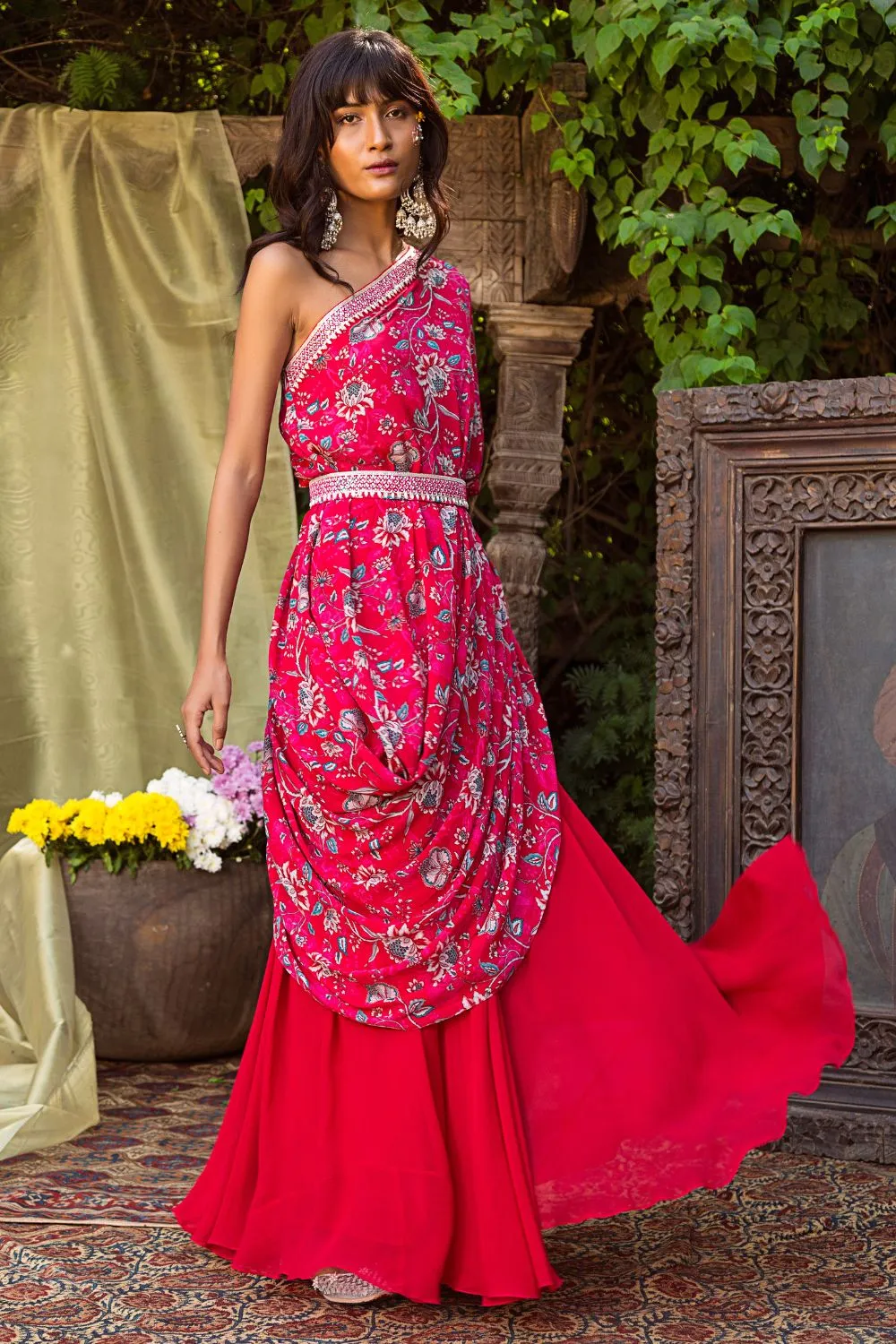 Red One Shoulder Cowl Top With Belt And Palazzo