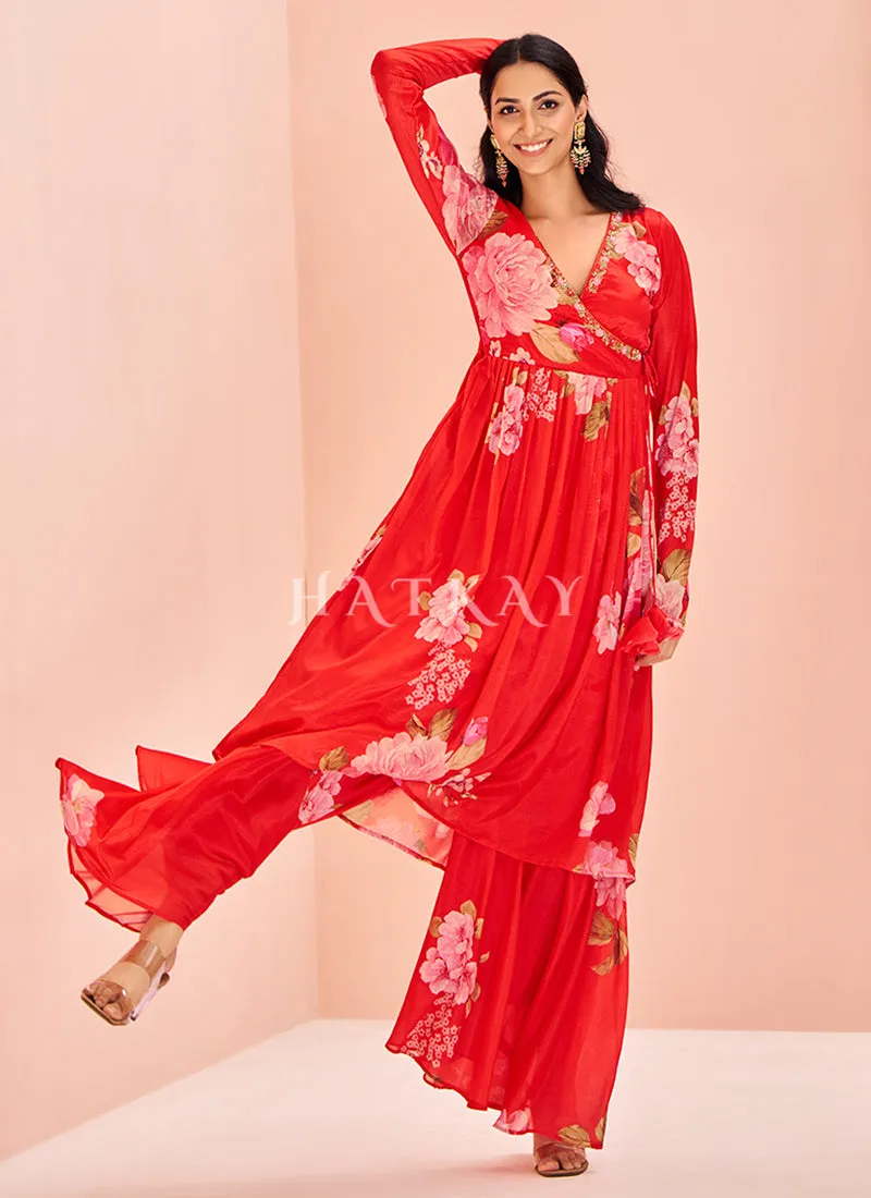 Red Prined Kurta And Palazzo Set