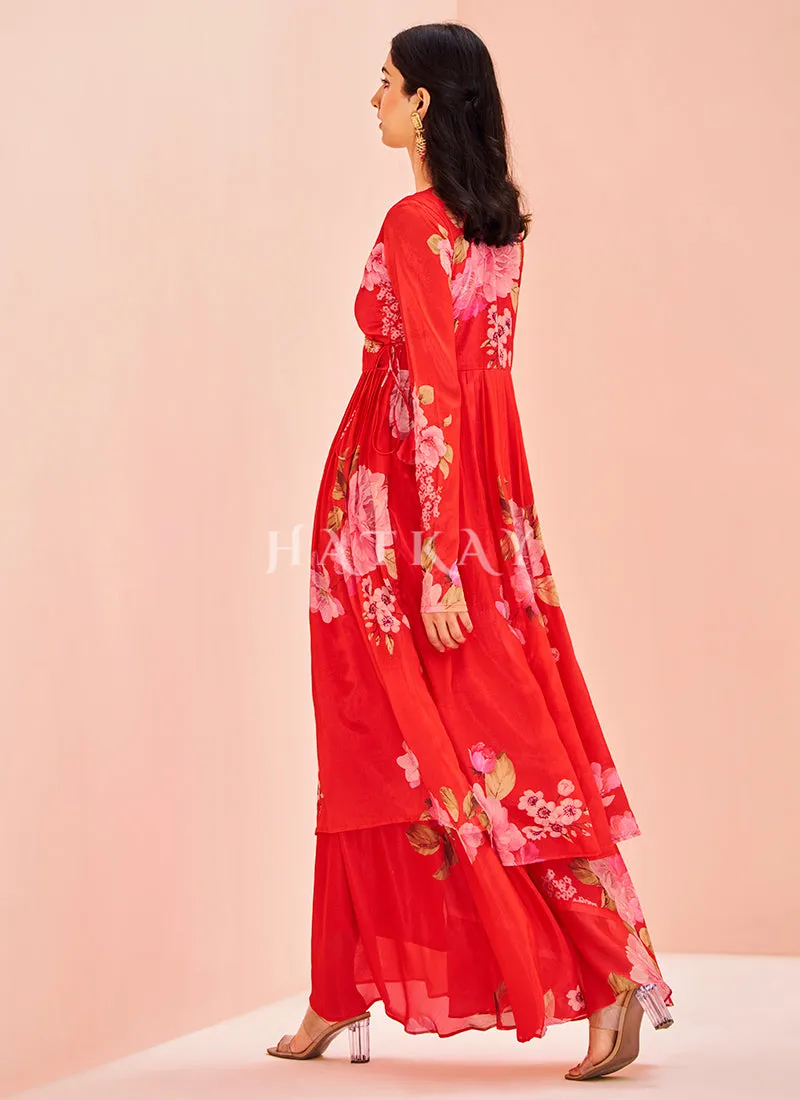 Red Prined Kurta And Palazzo Set
