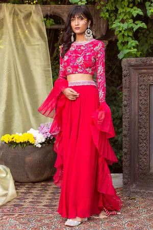 Red Printed Blouse With Palazzo And Pleated Dupatta