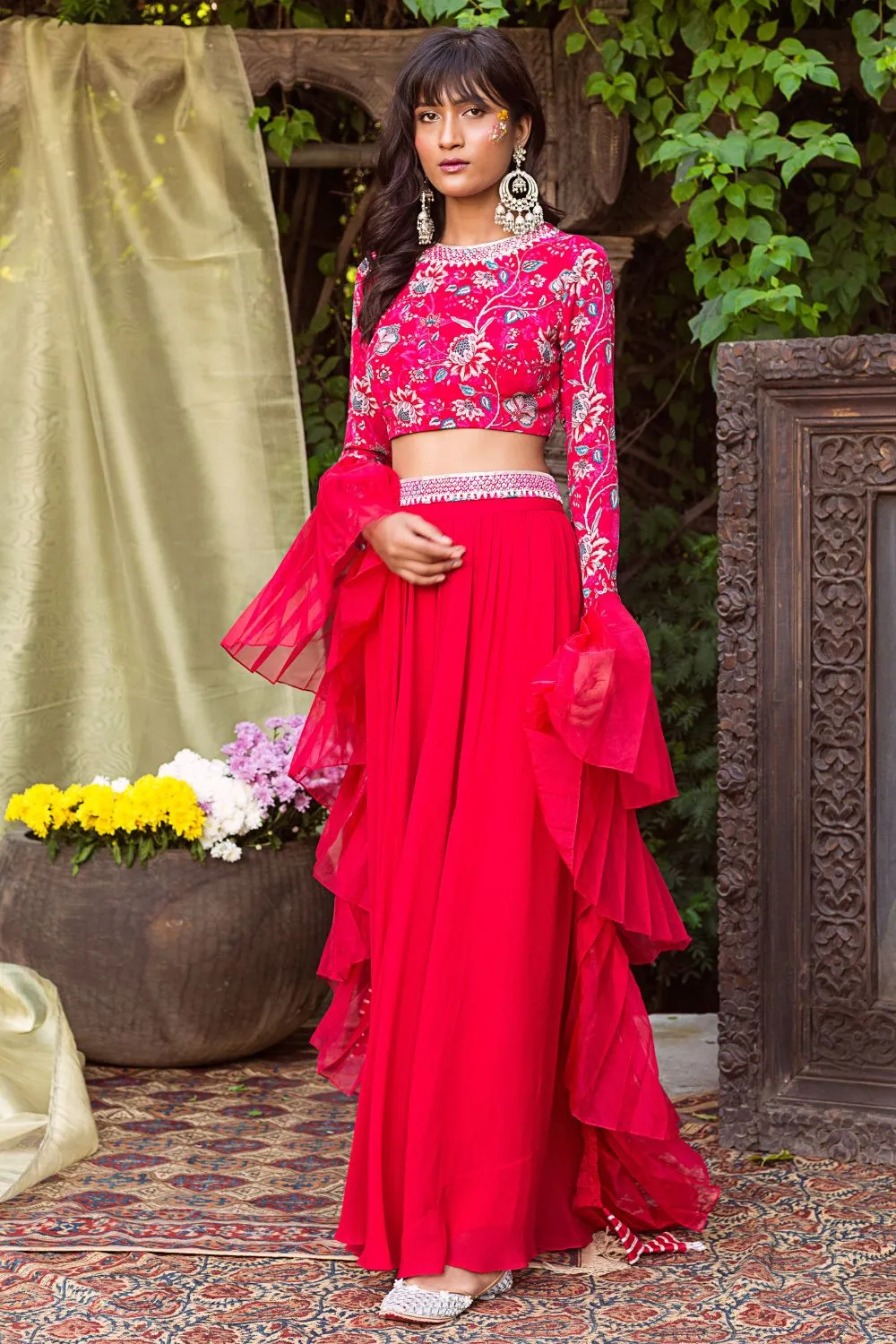 Red Printed Blouse With Palazzo And Pleated Dupatta