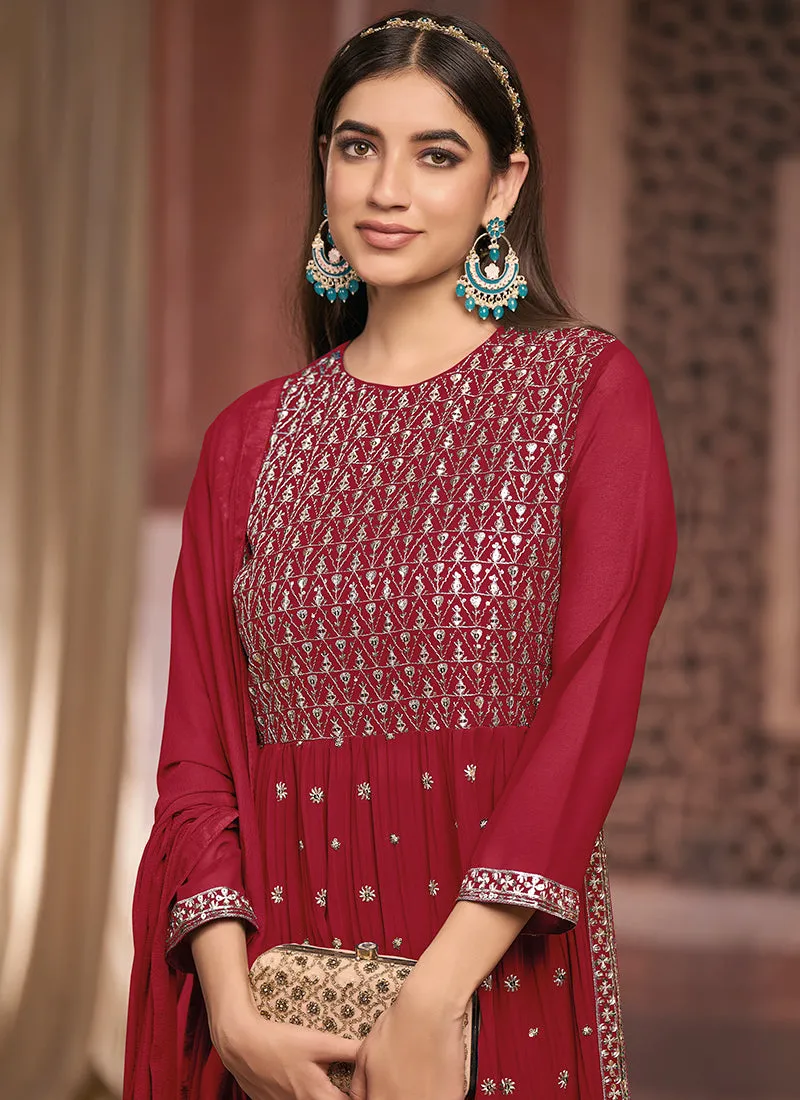Red Sequence Embroidery Festive Palazzo Style Suit