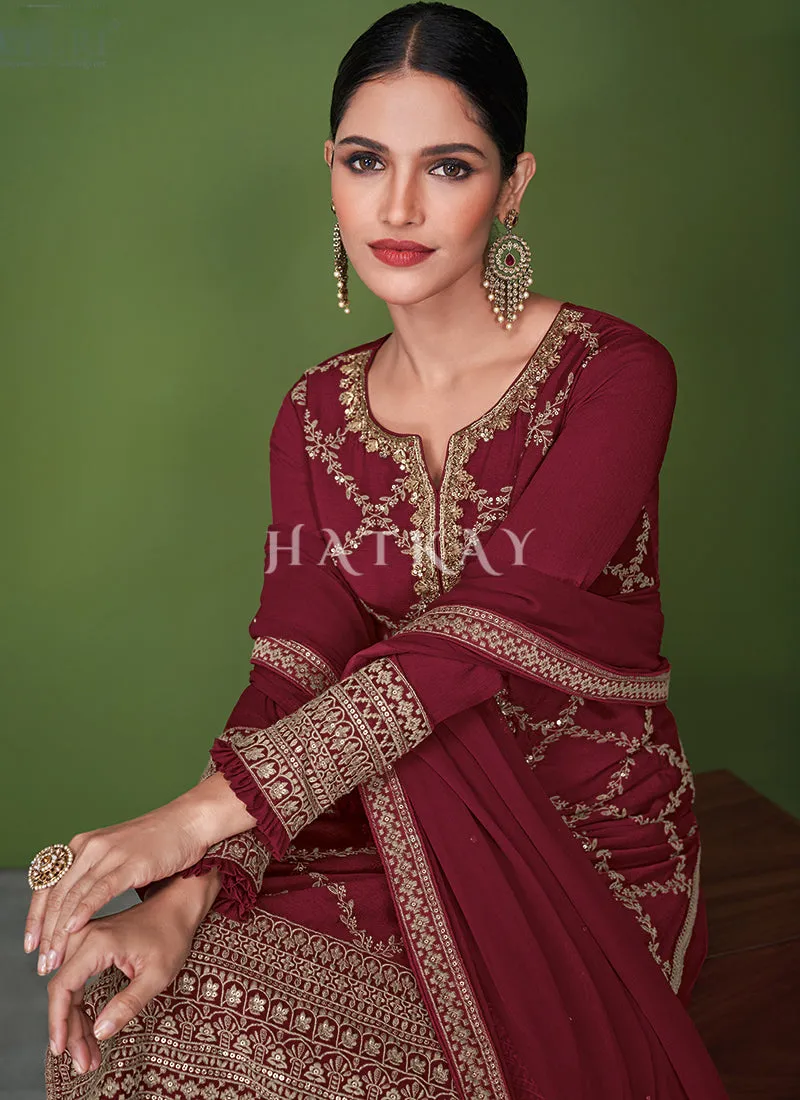 Red Traditional Embroidered Wedding Palazzo Suit