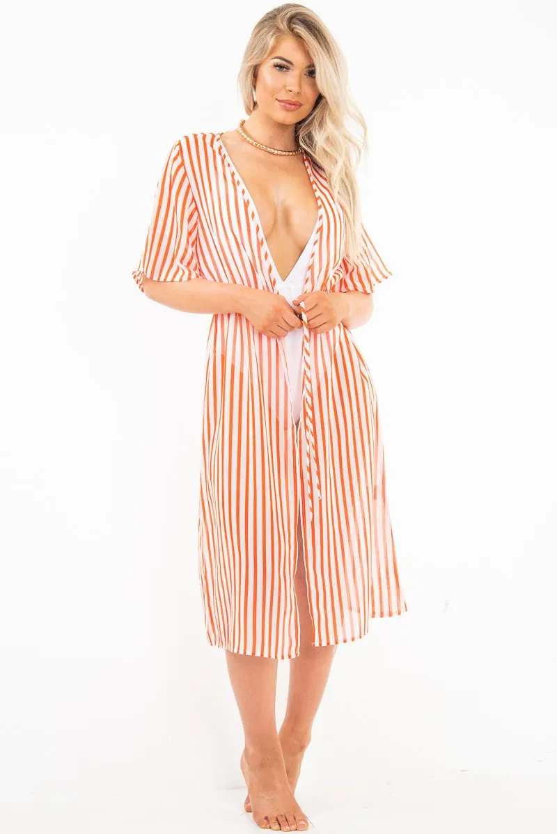 Red White Stripe Chiffon Plunge Tie Front Midi Dress - Priscilla