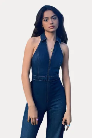 retro style slim denim jumpsuit