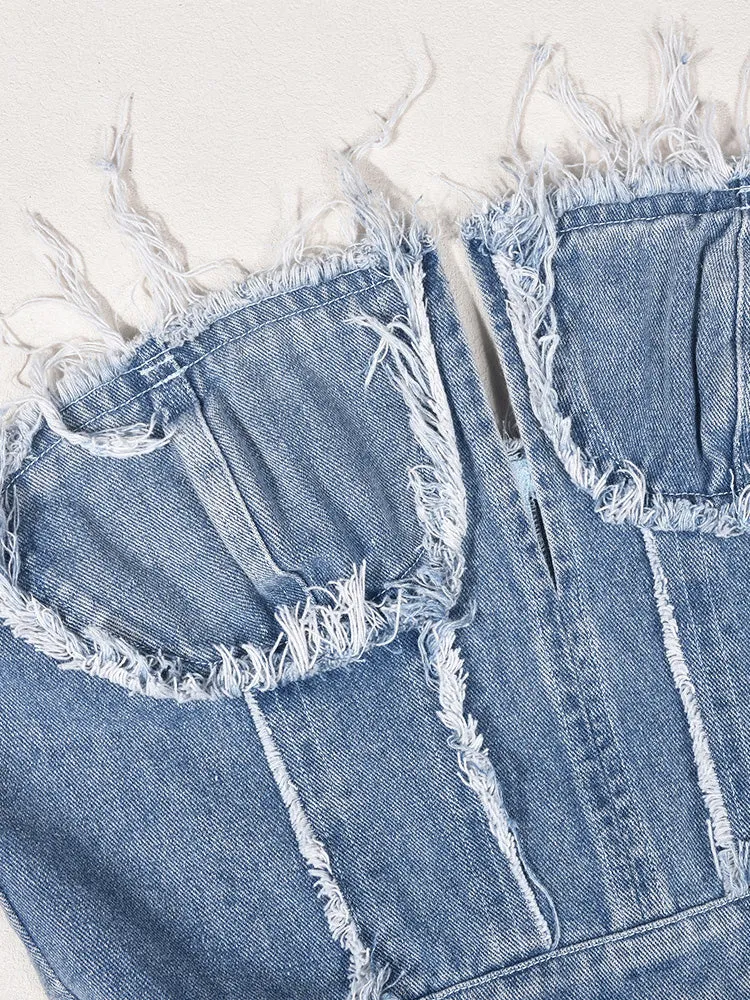 Ripped Strapless Denim Rompers