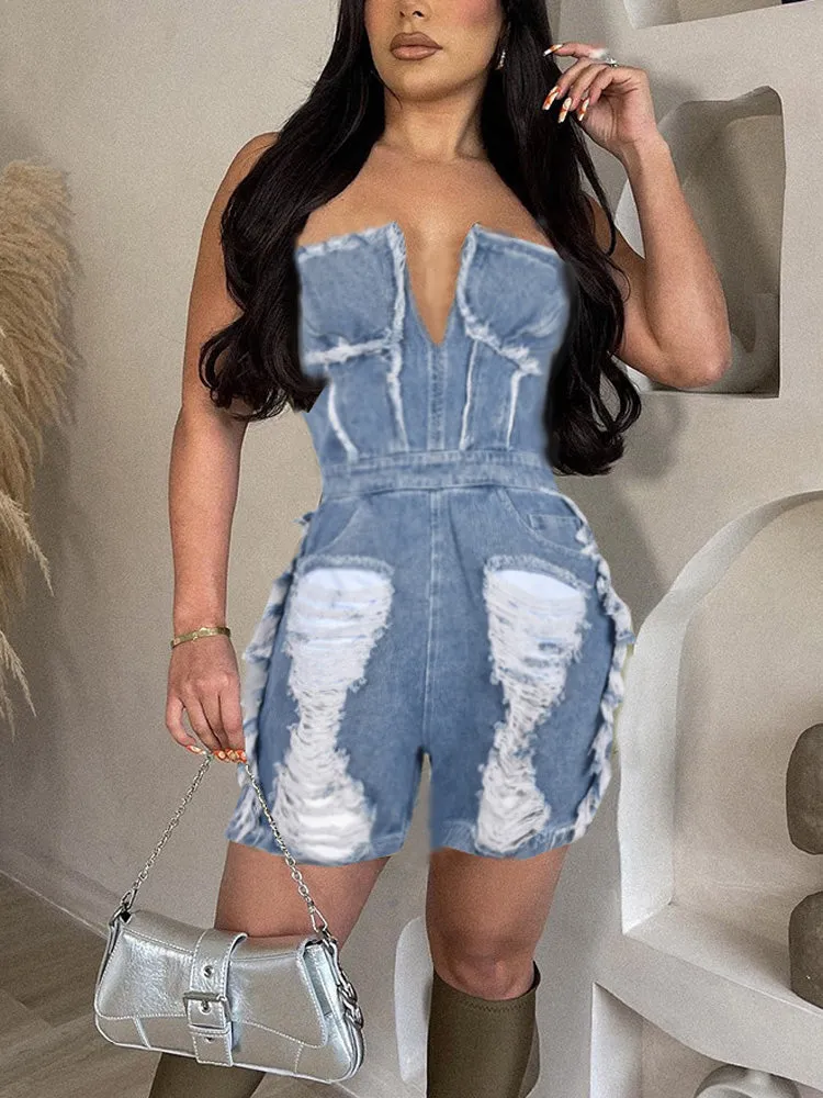 Ripped Strapless Denim Rompers
