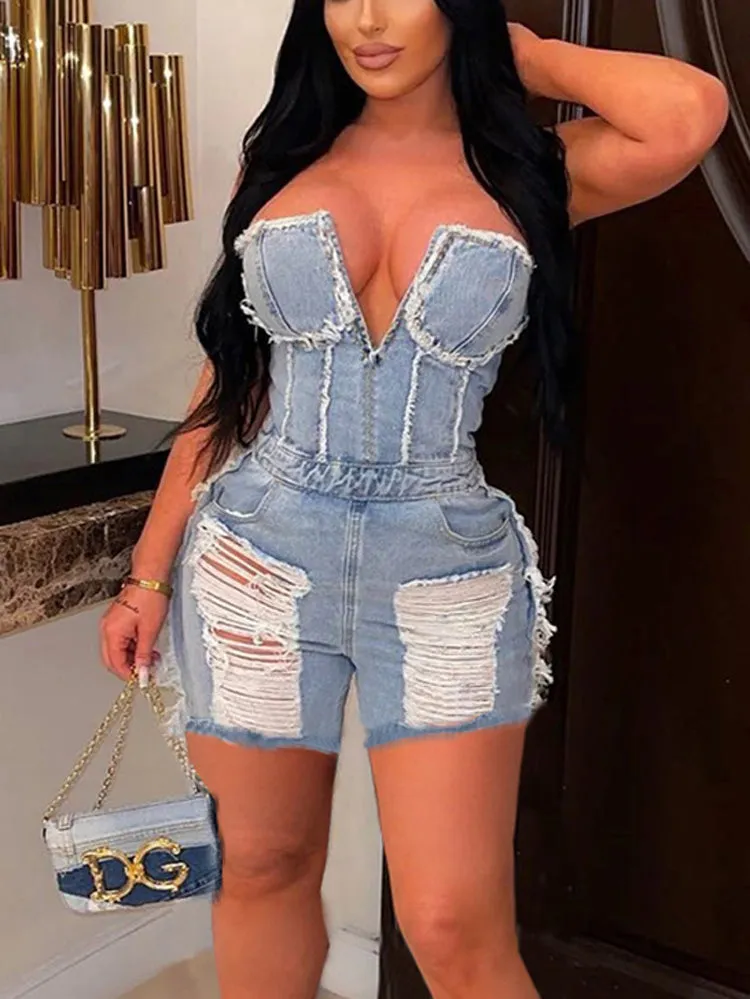 Ripped Strapless Denim Rompers