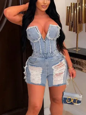 Ripped Strapless Denim Rompers
