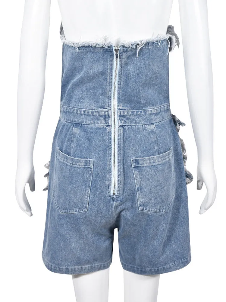 Ripped Strapless Denim Rompers