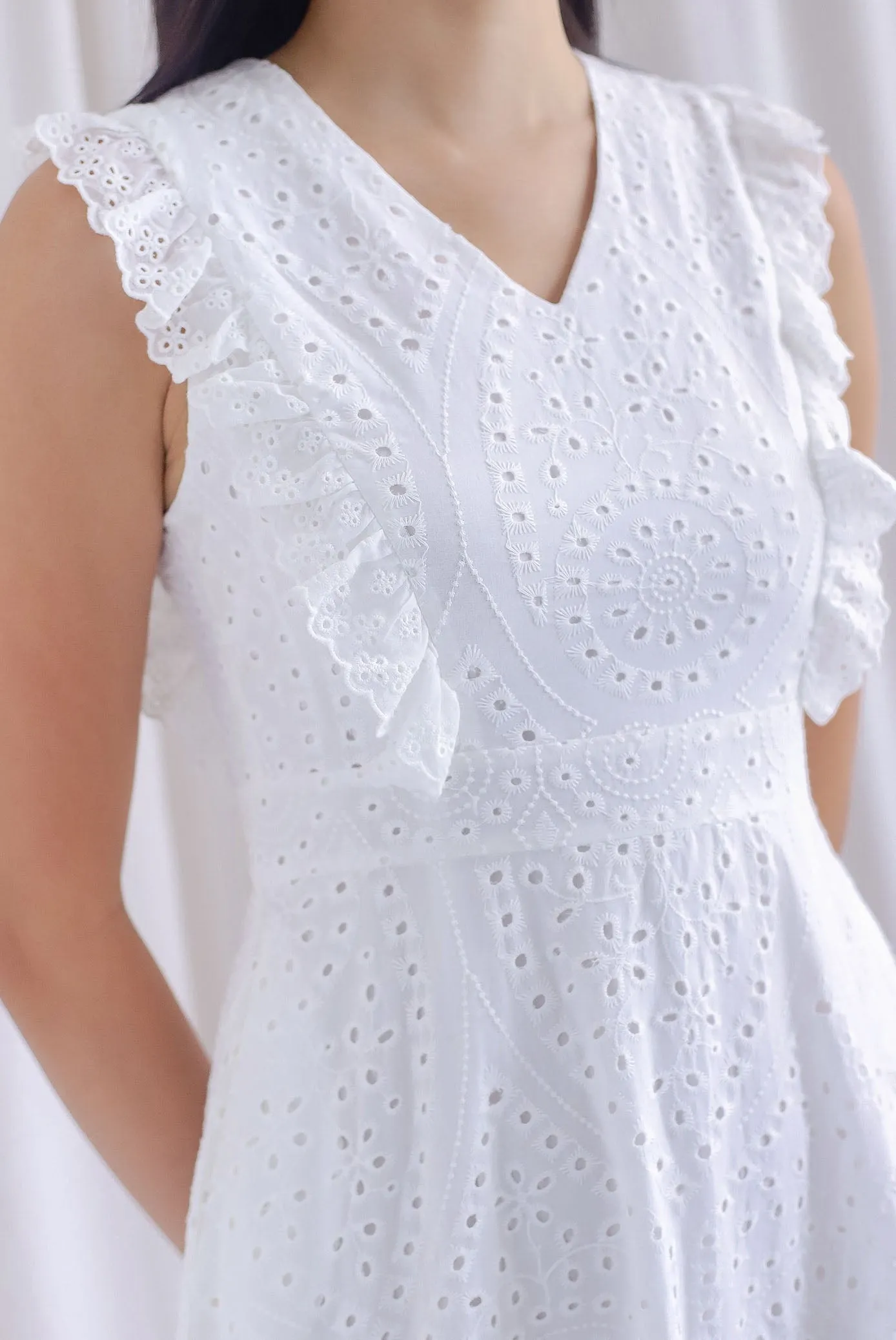 Rivia Eyelet Ruffled Flare Dress In White