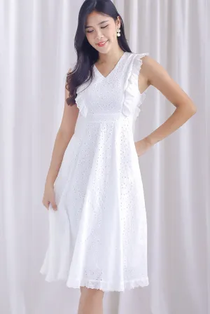 Rivia Eyelet Ruffled Flare Dress In White