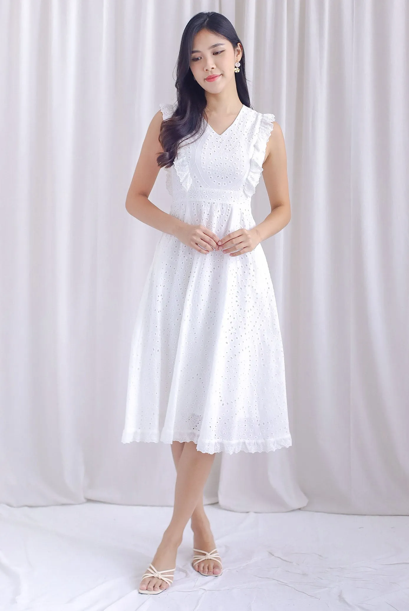 Rivia Eyelet Ruffled Flare Dress In White