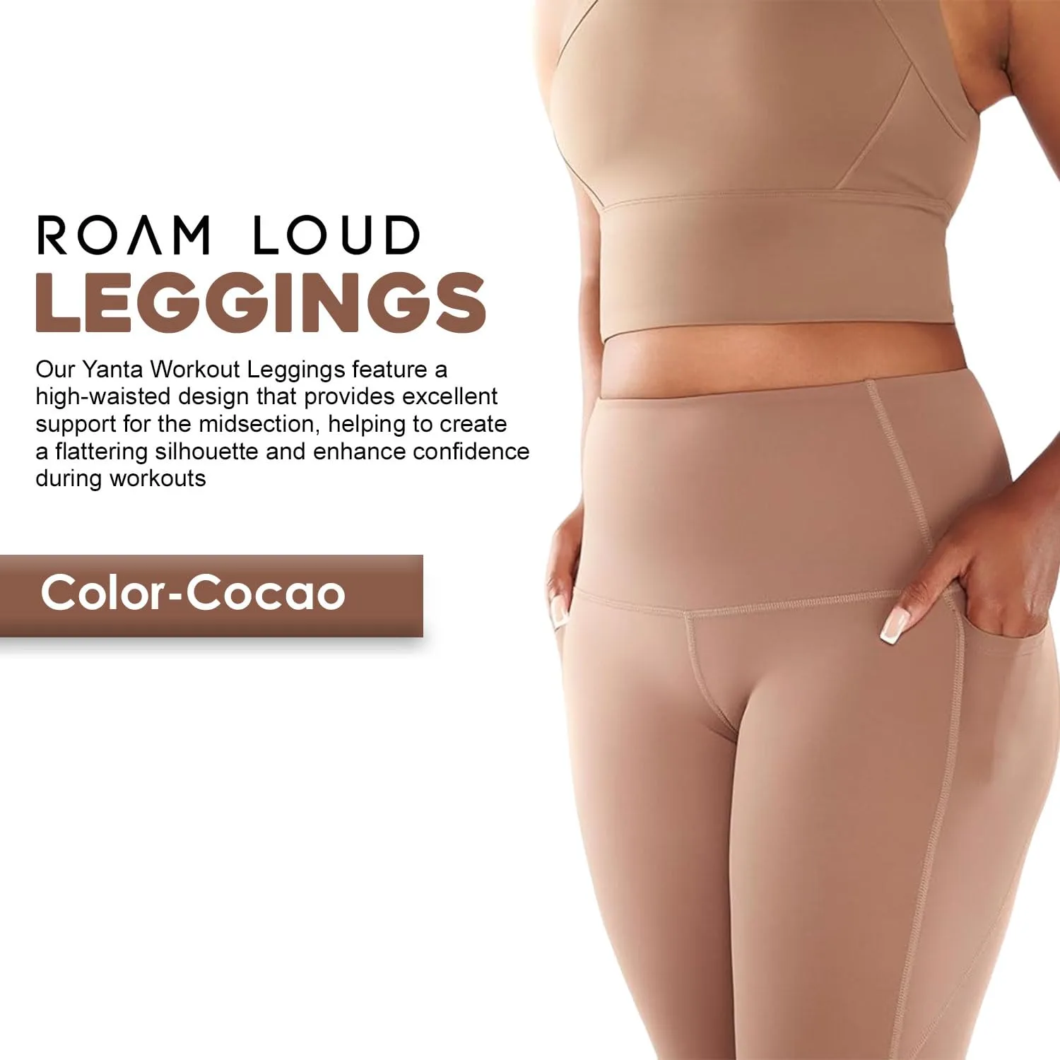 ROAM LOUD Yanta Workout Leggings | Cacao S | Compression Leggings for Women | High Waisted Tummy Control Leggings with Pockets