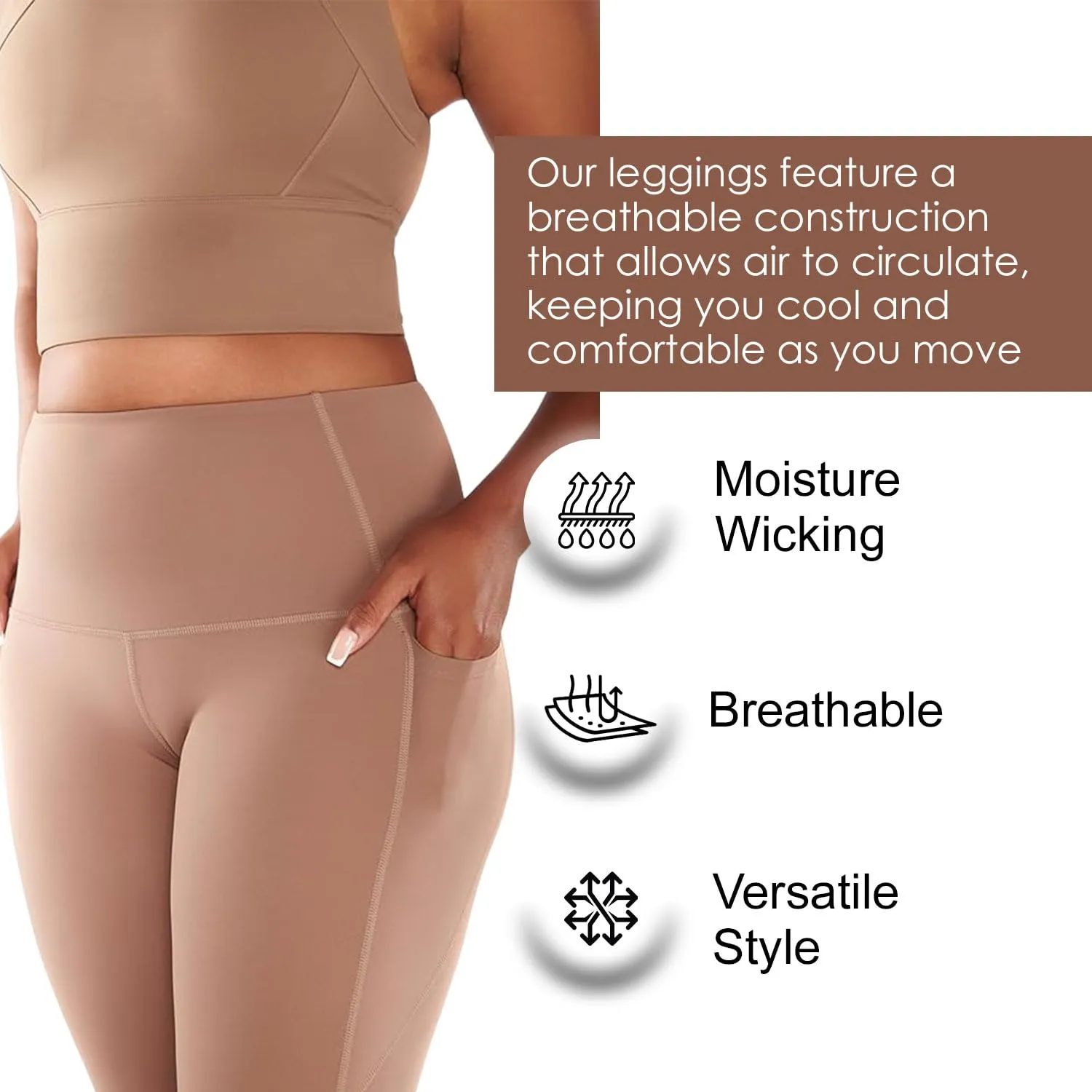 ROAM LOUD Yanta Workout Leggings | Cacao S | Compression Leggings for Women | High Waisted Tummy Control Leggings with Pockets