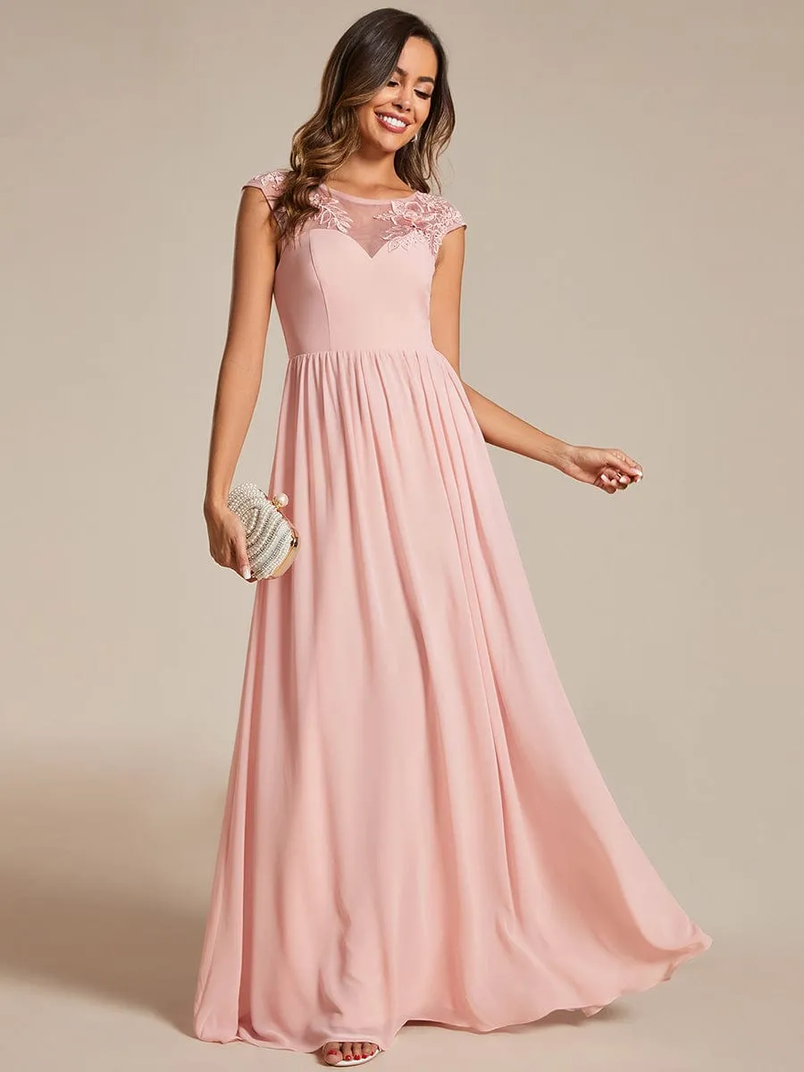 Robe de soirée trapèze à manches courtes et col rond en mousseline de soie avec imprimé sur les épaules(Vente finale)
