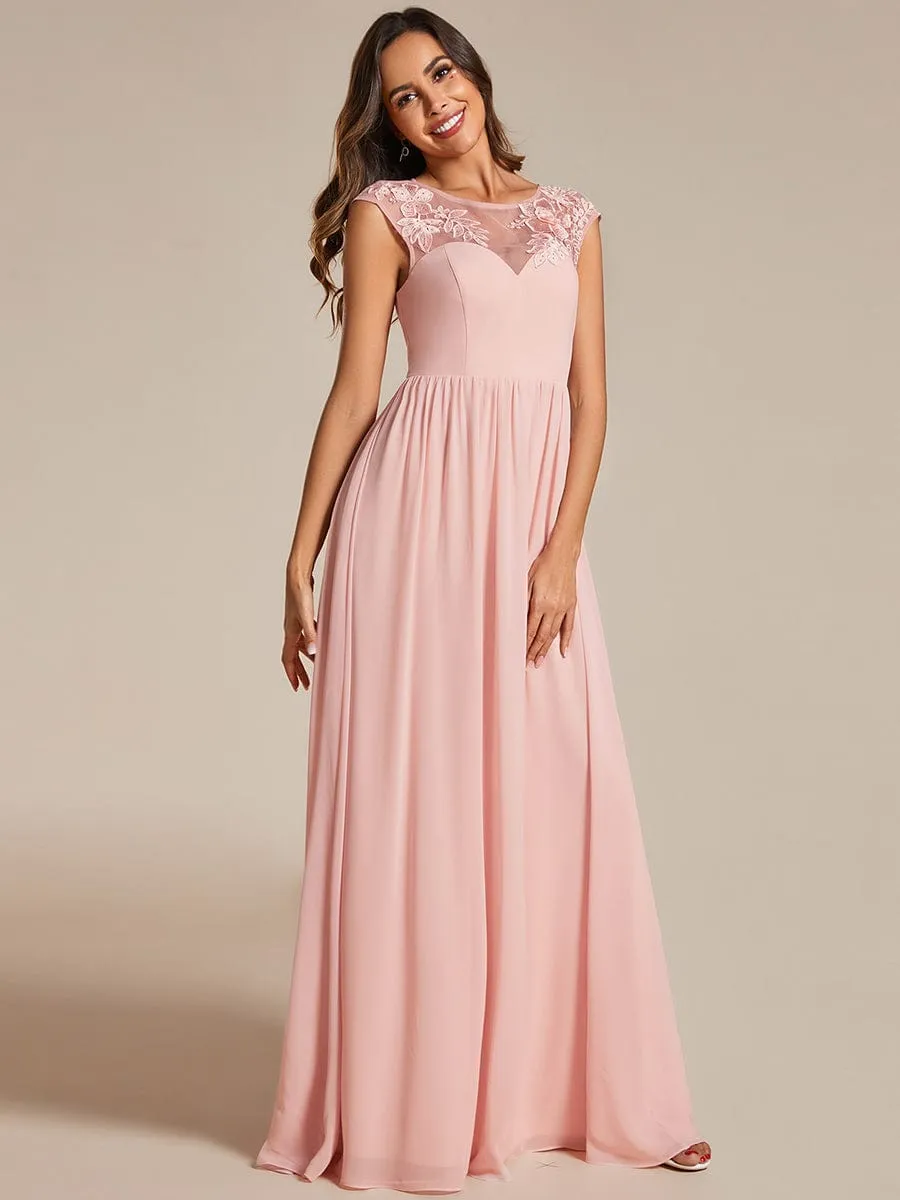 Robe de soirée trapèze à manches courtes et col rond en mousseline de soie avec imprimé sur les épaules(Vente finale)