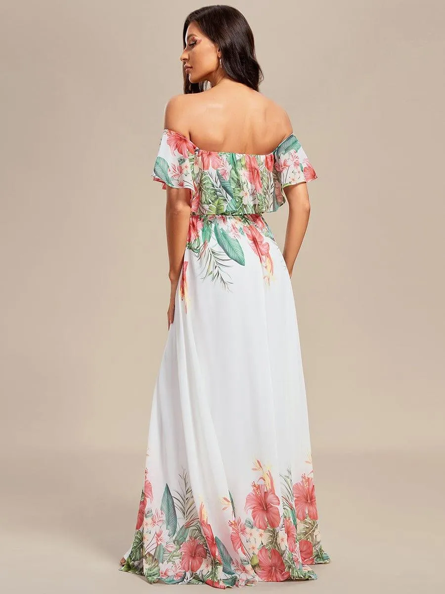 Robe de Soirée trapèze mousseline imprimée d'été à épaules dénudées
