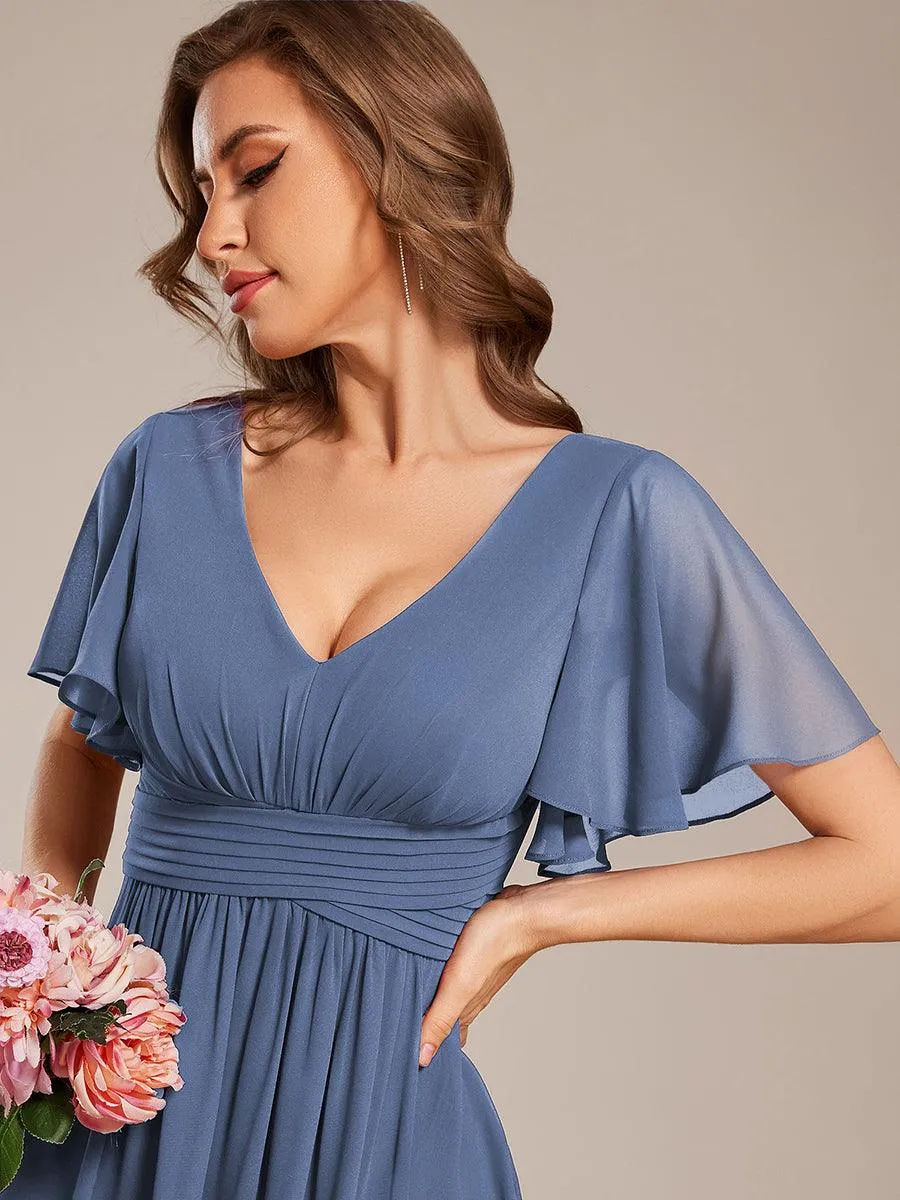 Robe longue de demoiselle d'honneur en mousseline à col en V