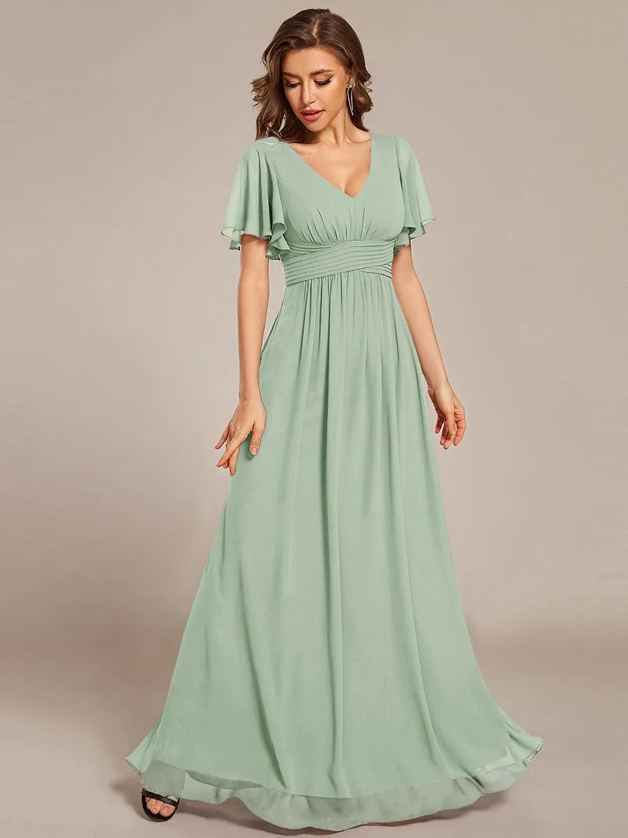 Robe longue de demoiselle d'honneur en mousseline à col en V