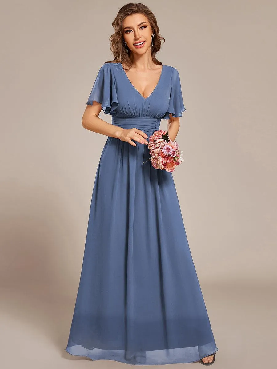 Robe longue de demoiselle d'honneur en mousseline à col en V