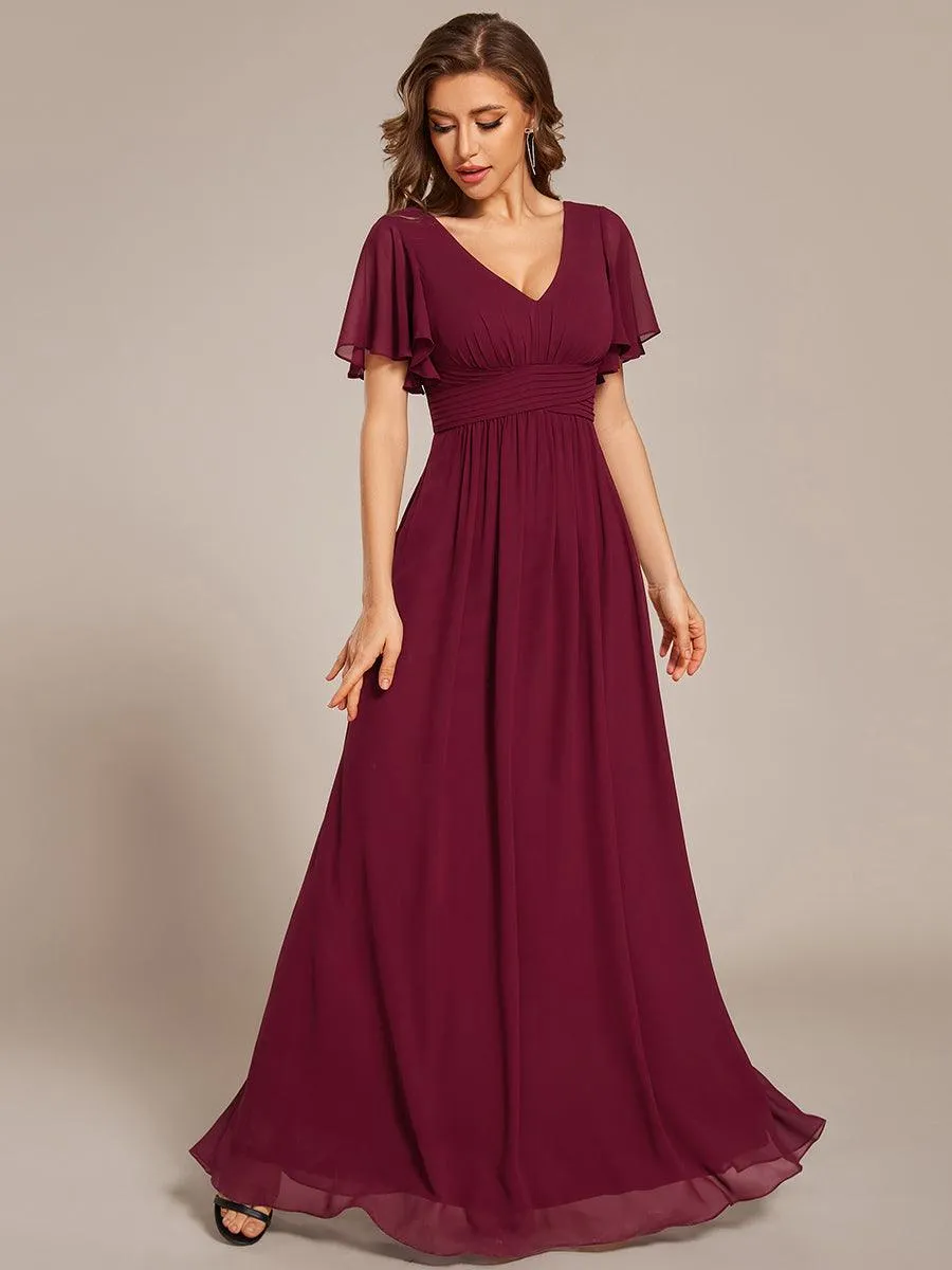 Robe longue de demoiselle d'honneur en mousseline à col en V