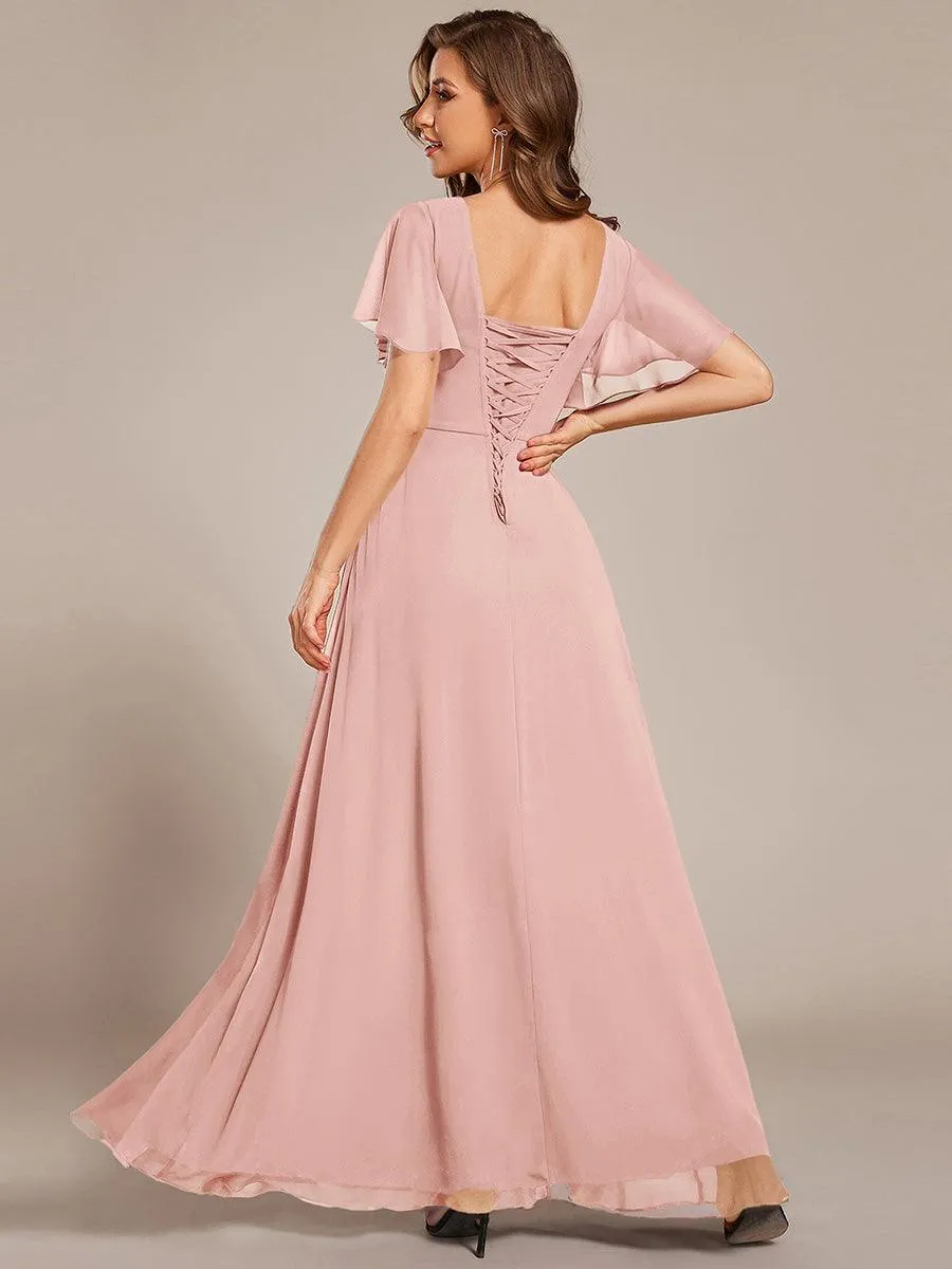 Robe longue de demoiselle d'honneur en mousseline à col en V