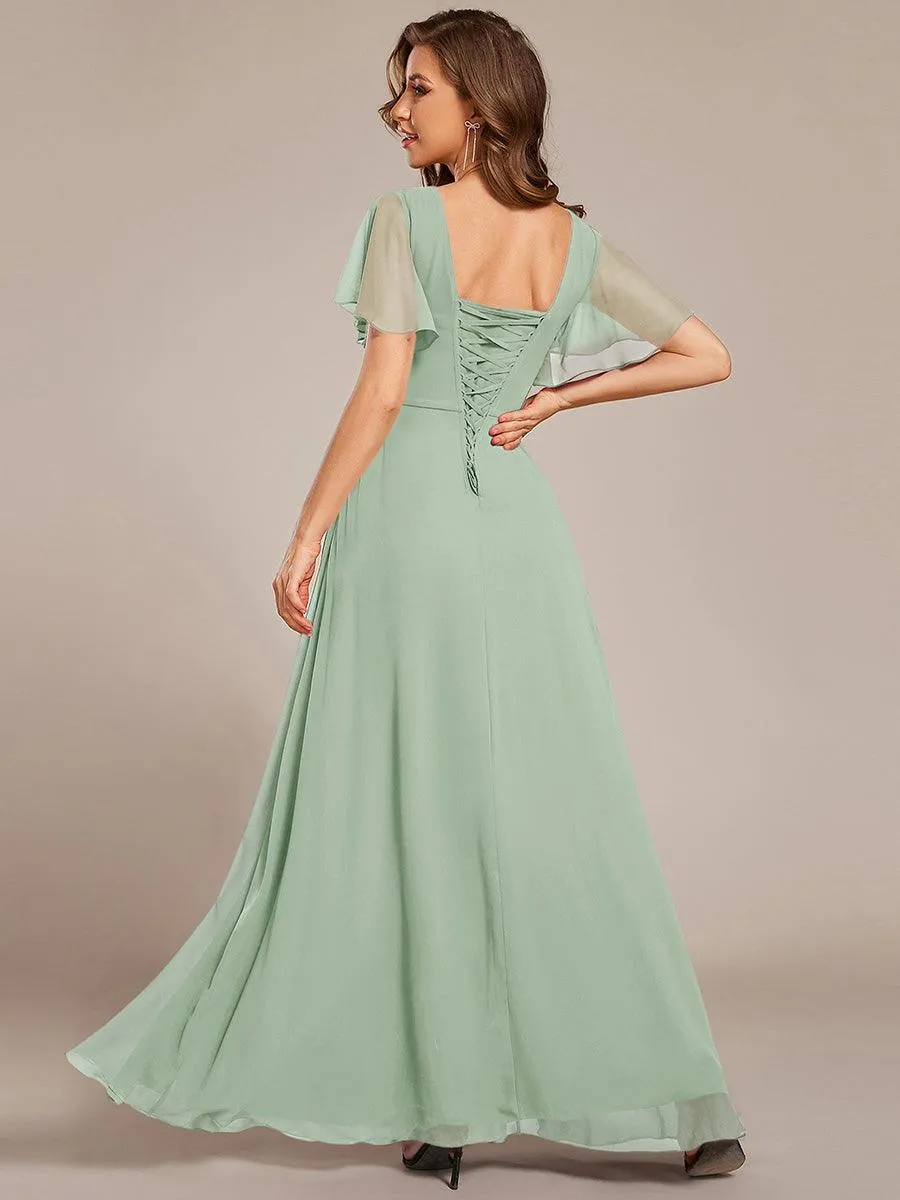 Robe longue de demoiselle d'honneur en mousseline à col en V