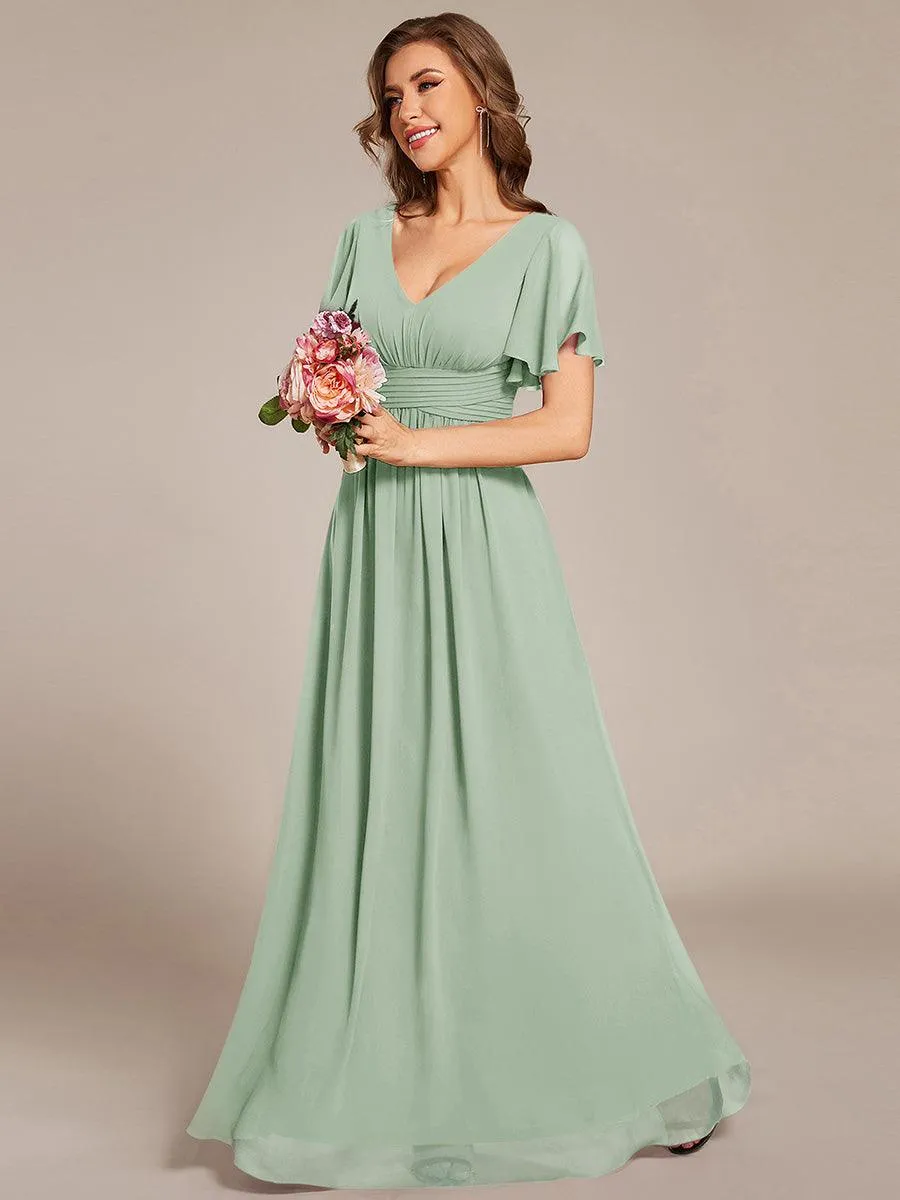 Robe longue de demoiselle d'honneur en mousseline à col en V