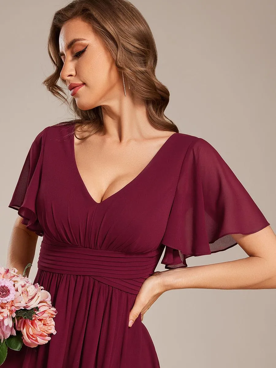 Robe longue de demoiselle d'honneur en mousseline à col en V