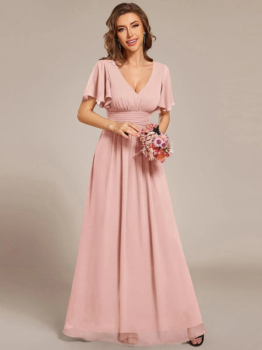 Robe longue de demoiselle d'honneur en mousseline à col en V