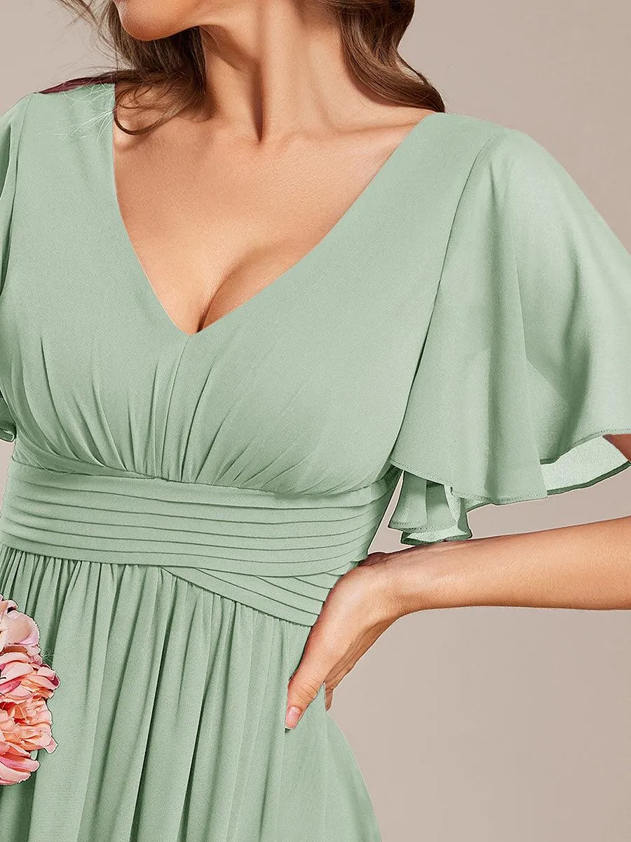 Robe longue de demoiselle d'honneur en mousseline à col en V