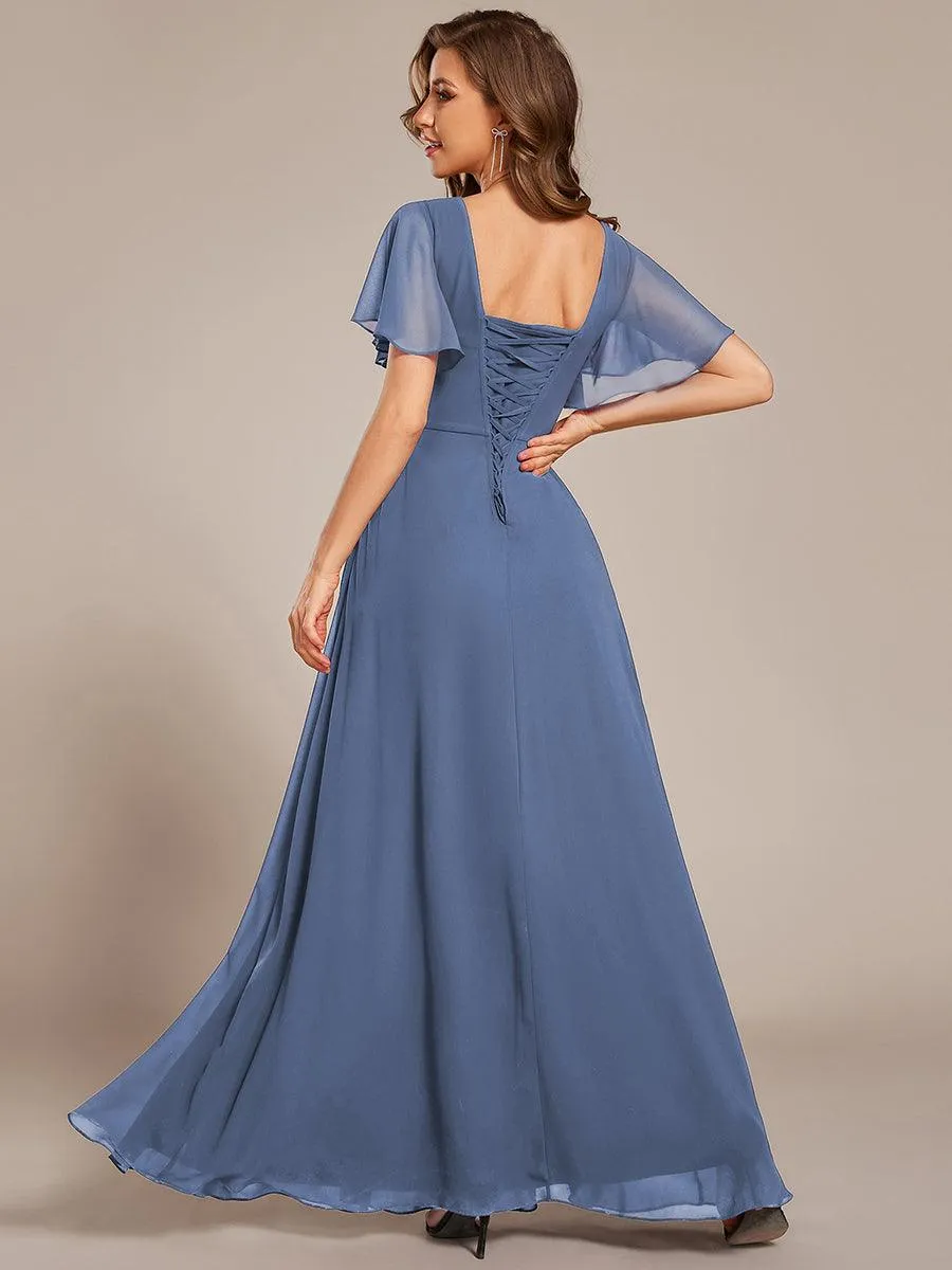Robe longue de demoiselle d'honneur en mousseline à col en V