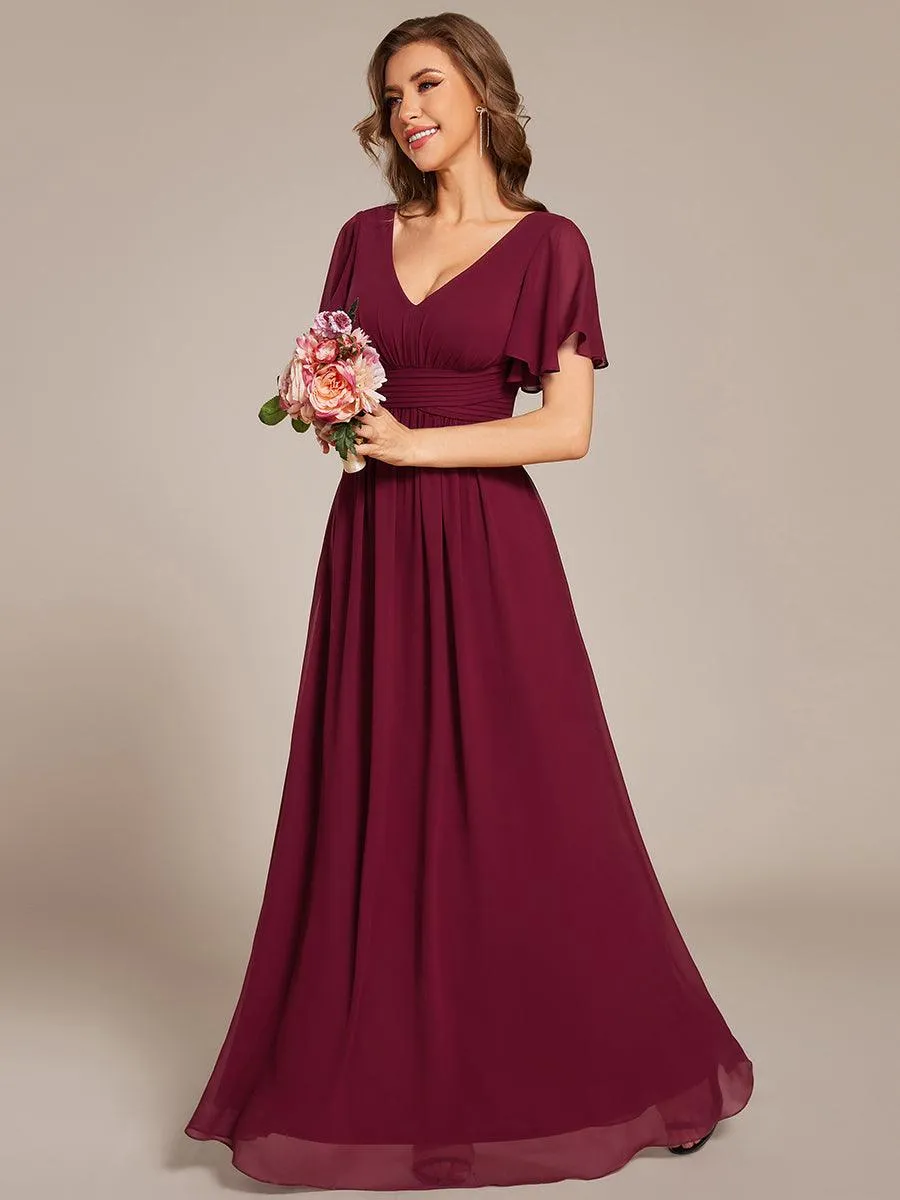 Robe longue de demoiselle d'honneur en mousseline à col en V