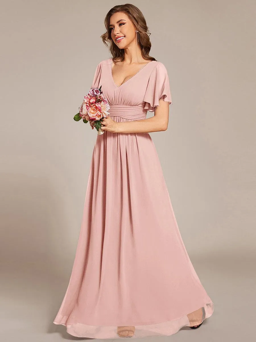 Robe longue de demoiselle d'honneur en mousseline à col en V
