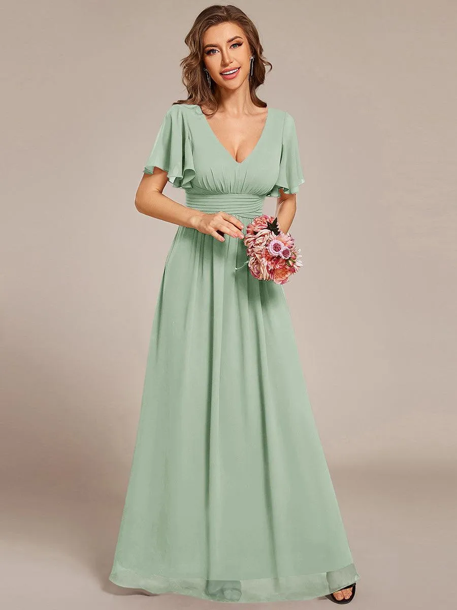 Robe longue de demoiselle d'honneur en mousseline à col en V