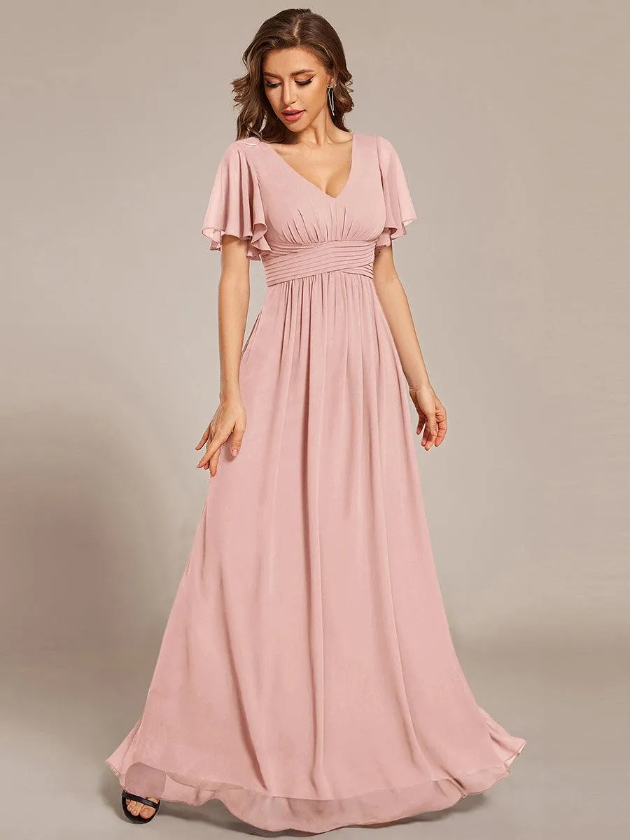 Robe longue de demoiselle d'honneur en mousseline à col en V