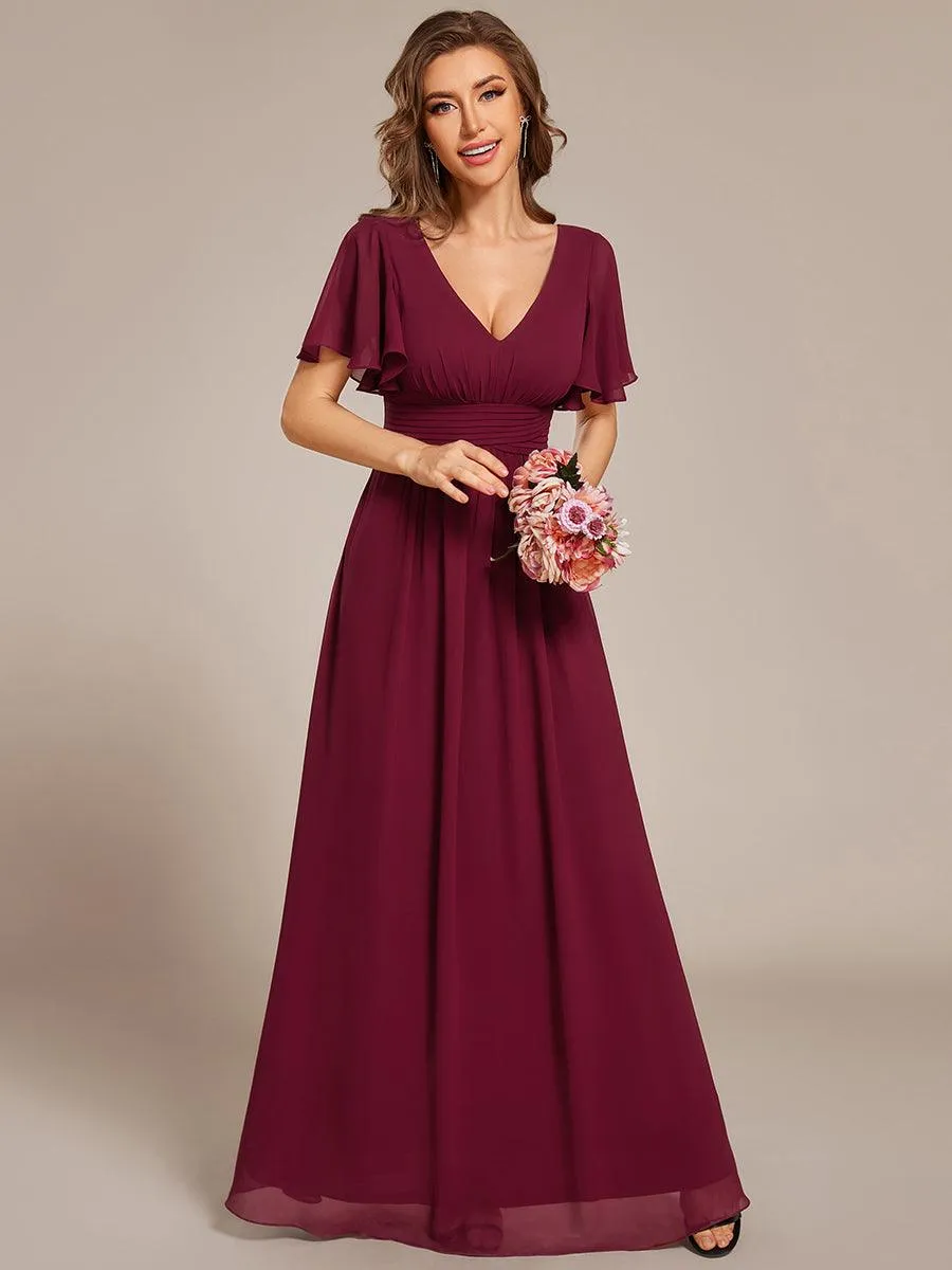 Robe longue de demoiselle d'honneur en mousseline à col en V
